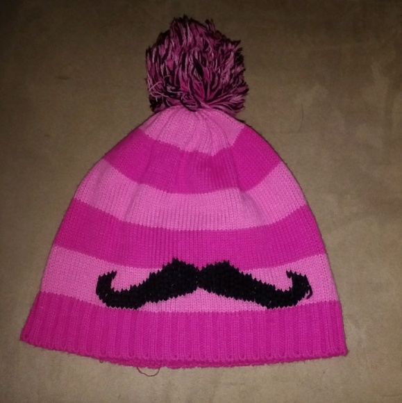 Girls Pink Striped Beanie Mustache - Picture 1 of 3
